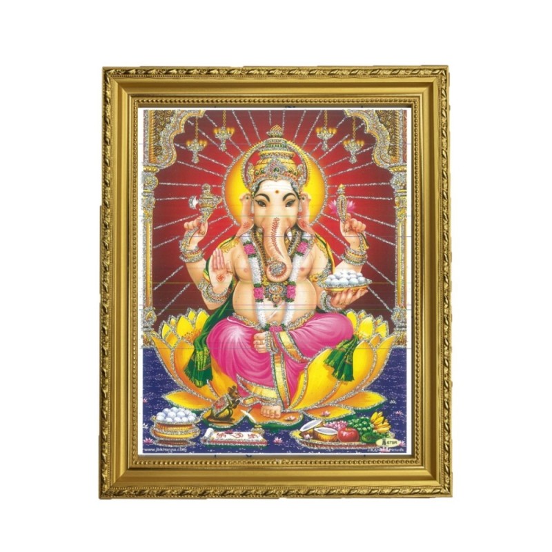 Satvik Lord Ganesha Designer Wooden Golden Photo Frame (1) for Pooja