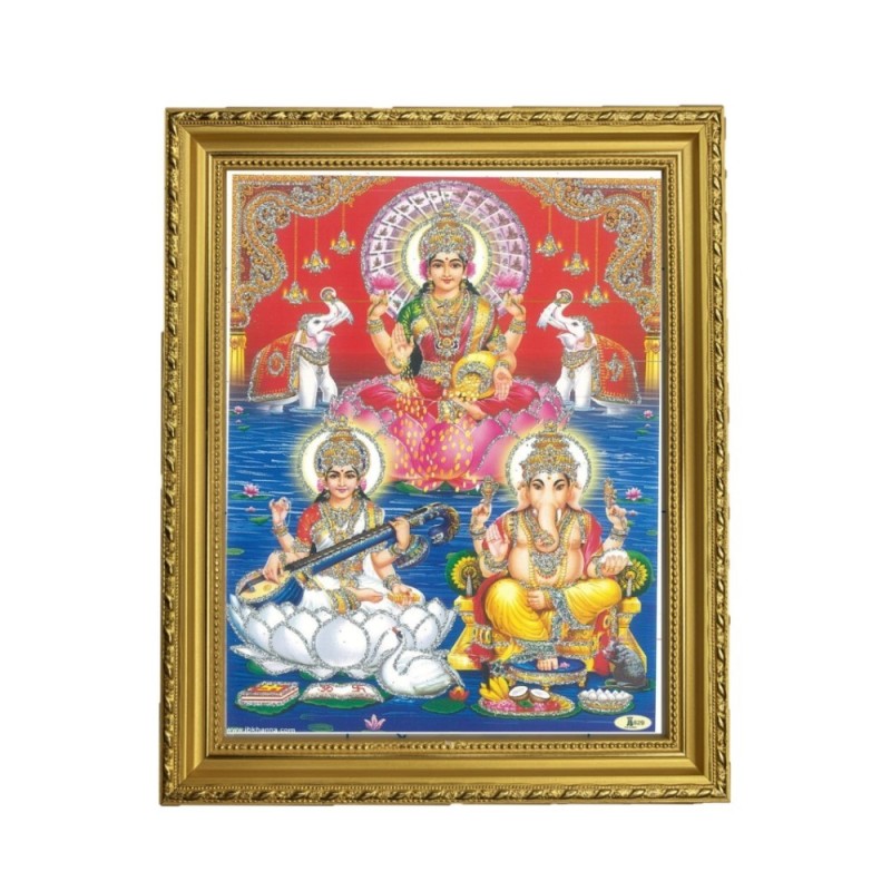 Satvik Goddess Saraswati, Designer Wooden Golden Photo Frame