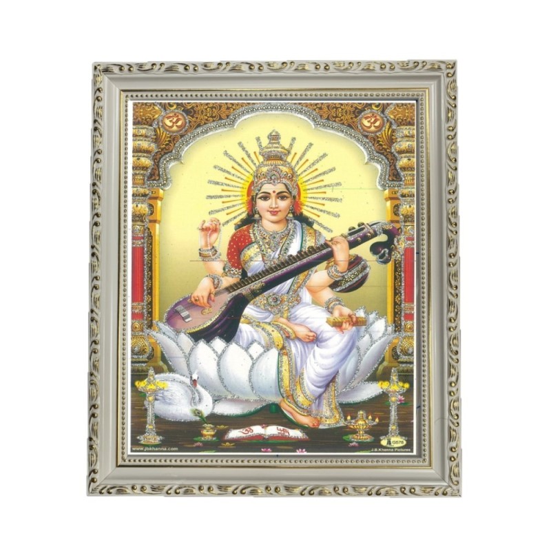 Satvik Goddess Saraswati, Designer Wooden White Photo Frame