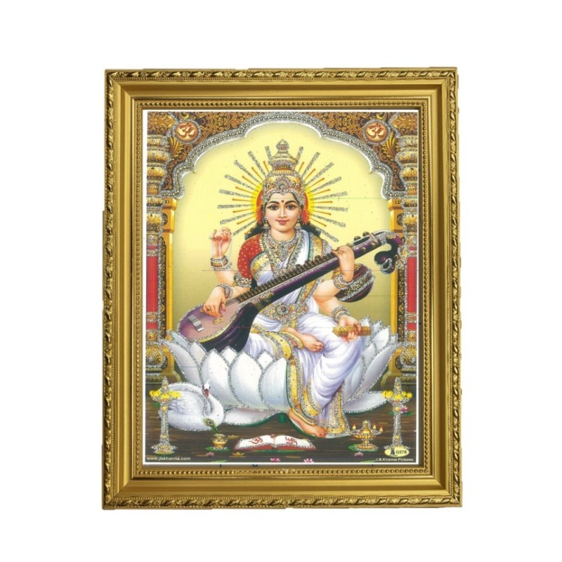 Satvik Goddess Saraswati, Designer Wooden Golden Photo Frame
