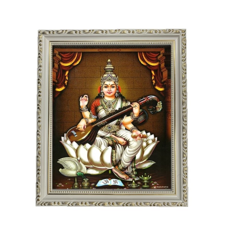 Satvik Goddess Saraswati, Designer White Photo Frame for Pooja