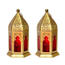 Golden Moroccan-Style Decorative Lantern with Red Glass – Diwali