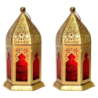 Golden Moroccan-Style Decorative Lantern with Red Glass – Diwali
