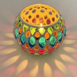 Satvik Geometric Mosaic Glass Candleholder with Colorful Mosaic Design